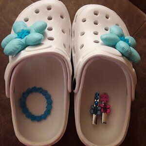 Embellished  plastic shoes for kids size 13, hair accessories, bracelet.